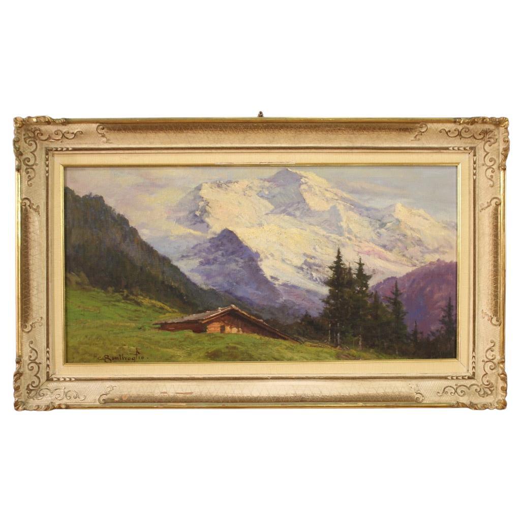 Peinture à l'huile italienne du 20ème siècle sur toile de paysage de montagne signée Bentivoglio