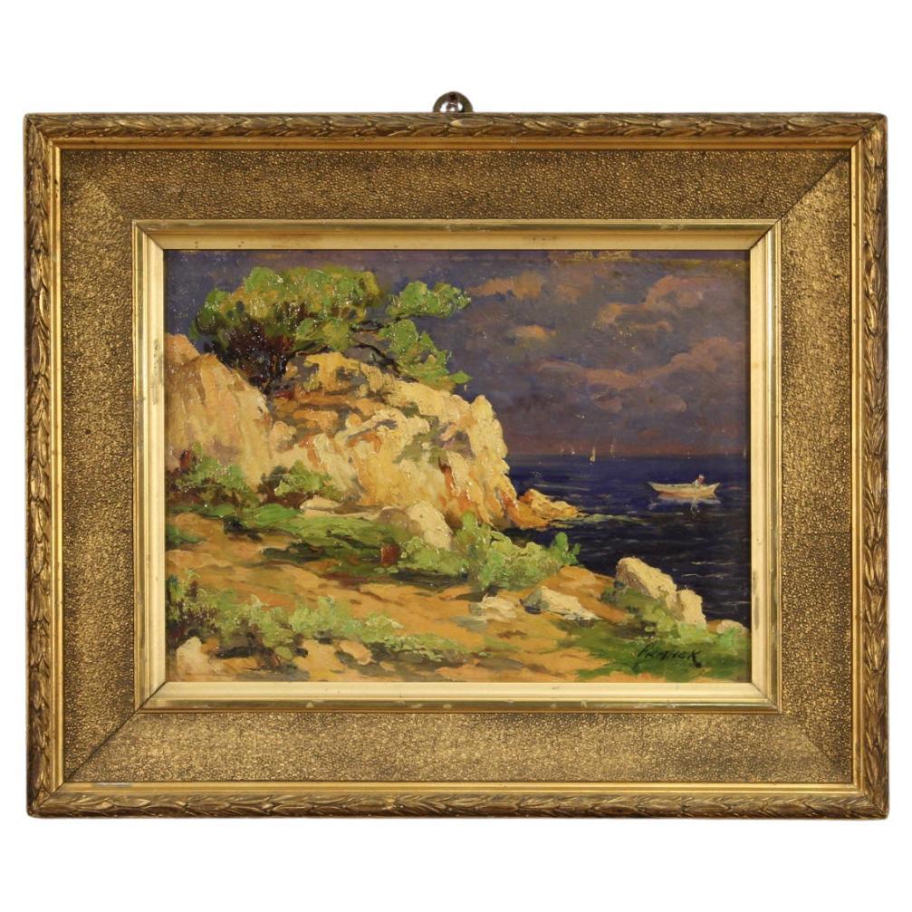 20th Century Oil on Cardboard French Signed Seascape Painting, 1930 For Sale