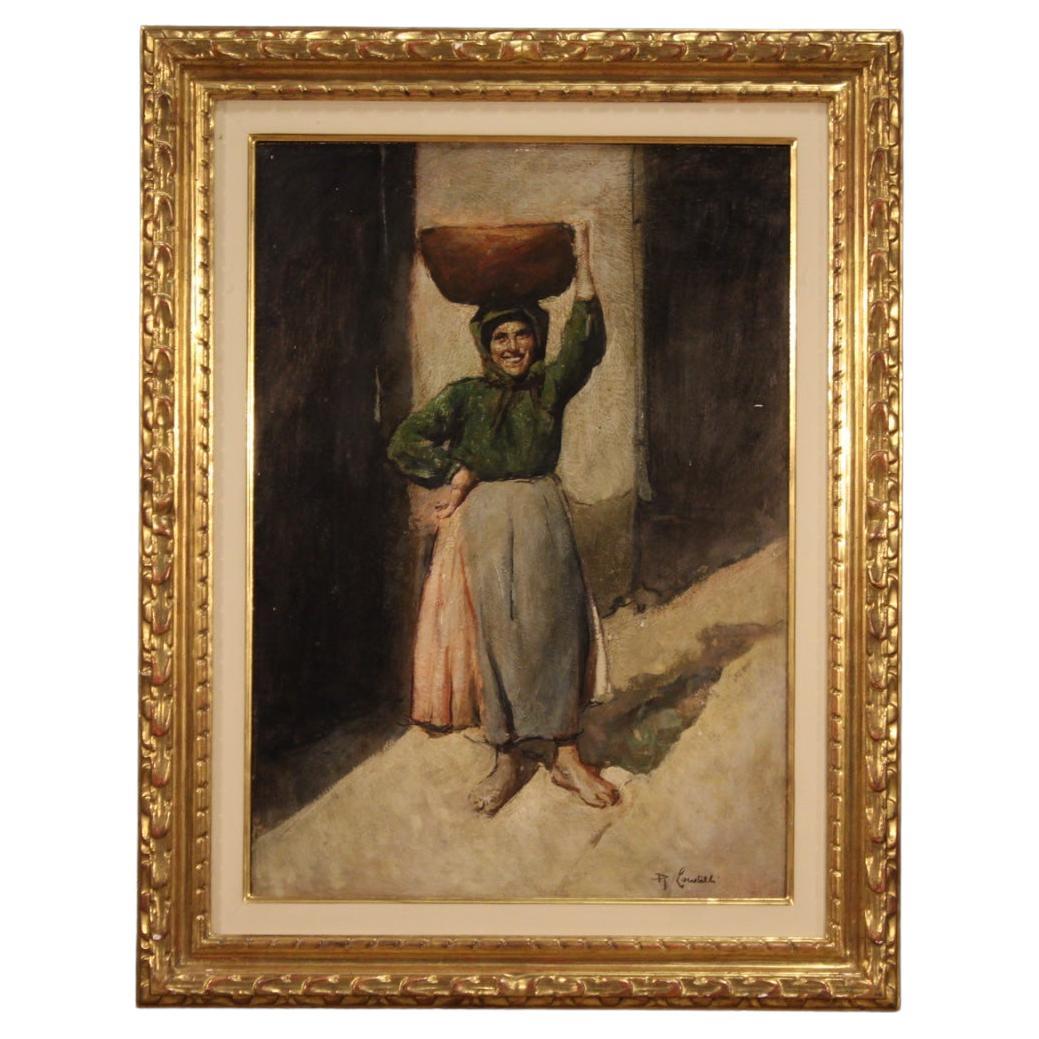 20th Century Oil on Board Antique Italian Signed Painting Character, 1940 