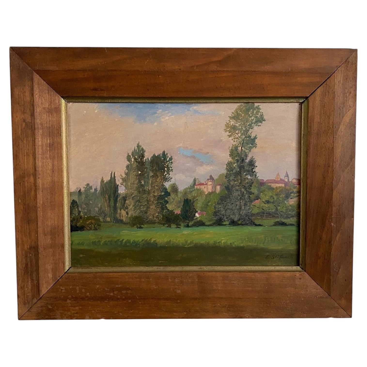 Huile sur carton du 20e siècle représentant un château par E. Stefanski