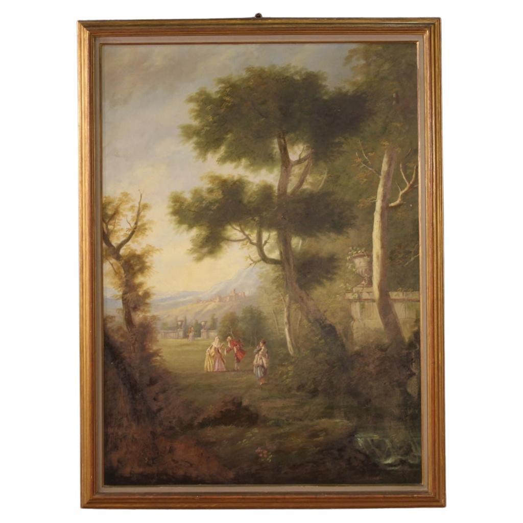 20th Century Oil on Board French Landscape with Gallant Scene Painting, 1970