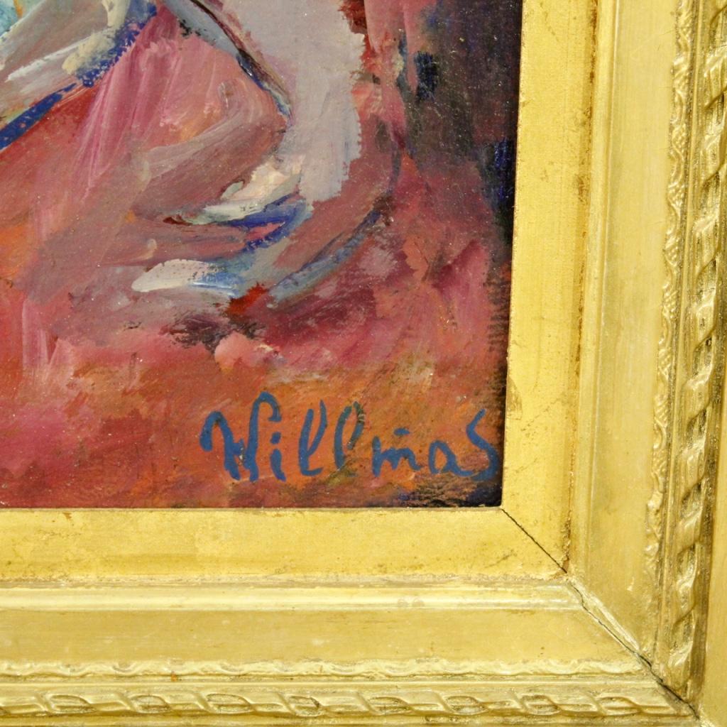 20th century French painting. Oil painting on board depicting an impressionist-style female nude of excellent pictorial quality. Beautifully sized framework of nice decoration with wooden and plaster frame, carved and gilded, with some small signs).