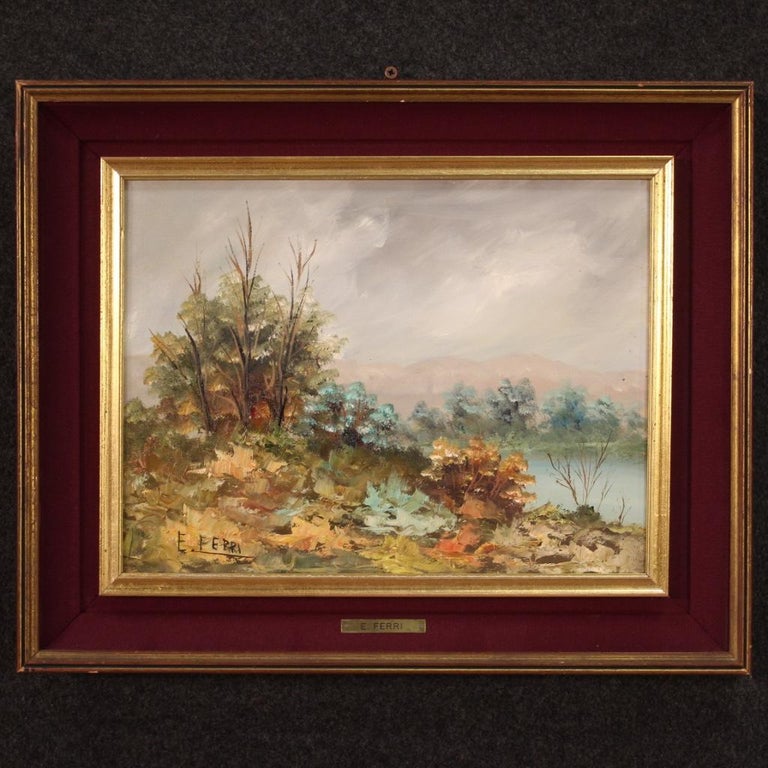 Italian painting from the second half of the 20th century. Framework oil on board depicting landscape in impressionist style of good pictorial quality. Small painting, for antique dealers, interior decorators and collectors, signed lower left (see
