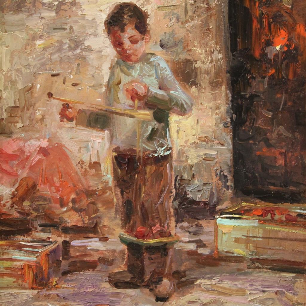 Italian painting from the mid-20th century. Artwork oil on board depicting Child with scales, of good pictorial quality. Impressionist style painting of good brightness adorned with a carved and gilded wooden and plaster frame. Artwork signed lower