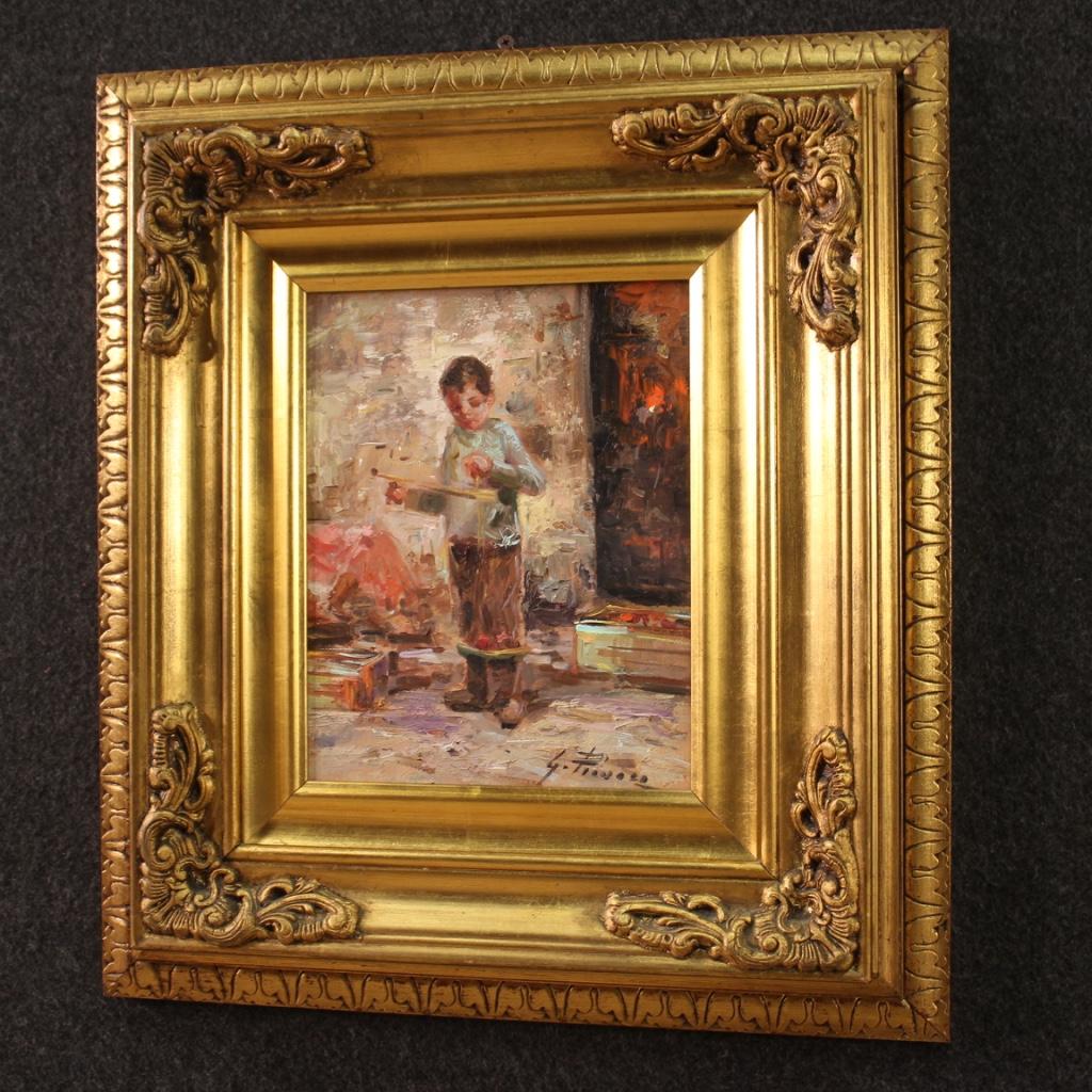 20th Century Oil on Board Italian Impressionist Style Signed Painting Child 1950 4