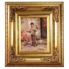 20th Century Oil on Board Italian Impressionist Style Signed Painting Child 1950 20th Century Oil on Board Italian Impressionist Style Signed Painting Child 1950