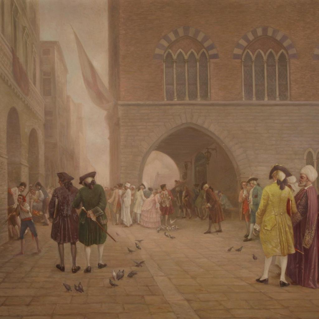 Italian painting dated 1933. Framework oil on board depicting a view of an eighteenth-century city with characters of good pictorial quality. Painting of exceptional size and fabulous decor signed and dated in the lower right corner (see picture),