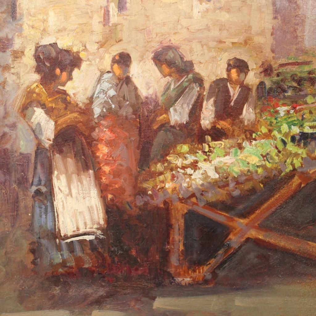 Italienische Malerei aus der zweiten Hälfte des 20. Jahrhunderts. Ölgemälde auf Tafel, das eine volkstümliche Szene mit Figuren darstellt, Marktansicht, von ausgezeichneter malerischer Qualität. Rahmen von angenehmer Helligkeit und Dekor mit einem