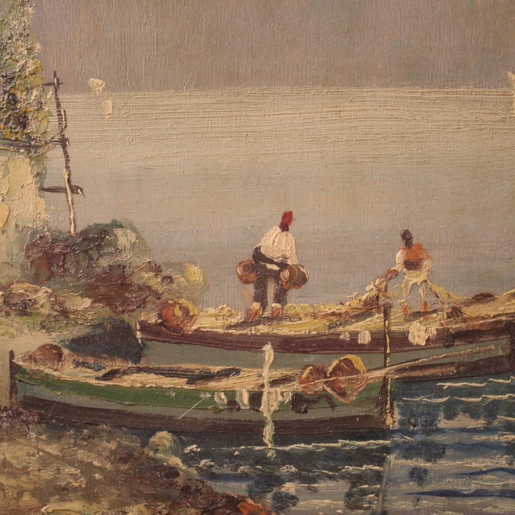 20. Jahrhundert Öl auf Karton Italienische Seelandschaft mit Booten Signierte Malerei, 1930 im Zustand „Gut“ im Angebot in Vicoforte, Piedmont