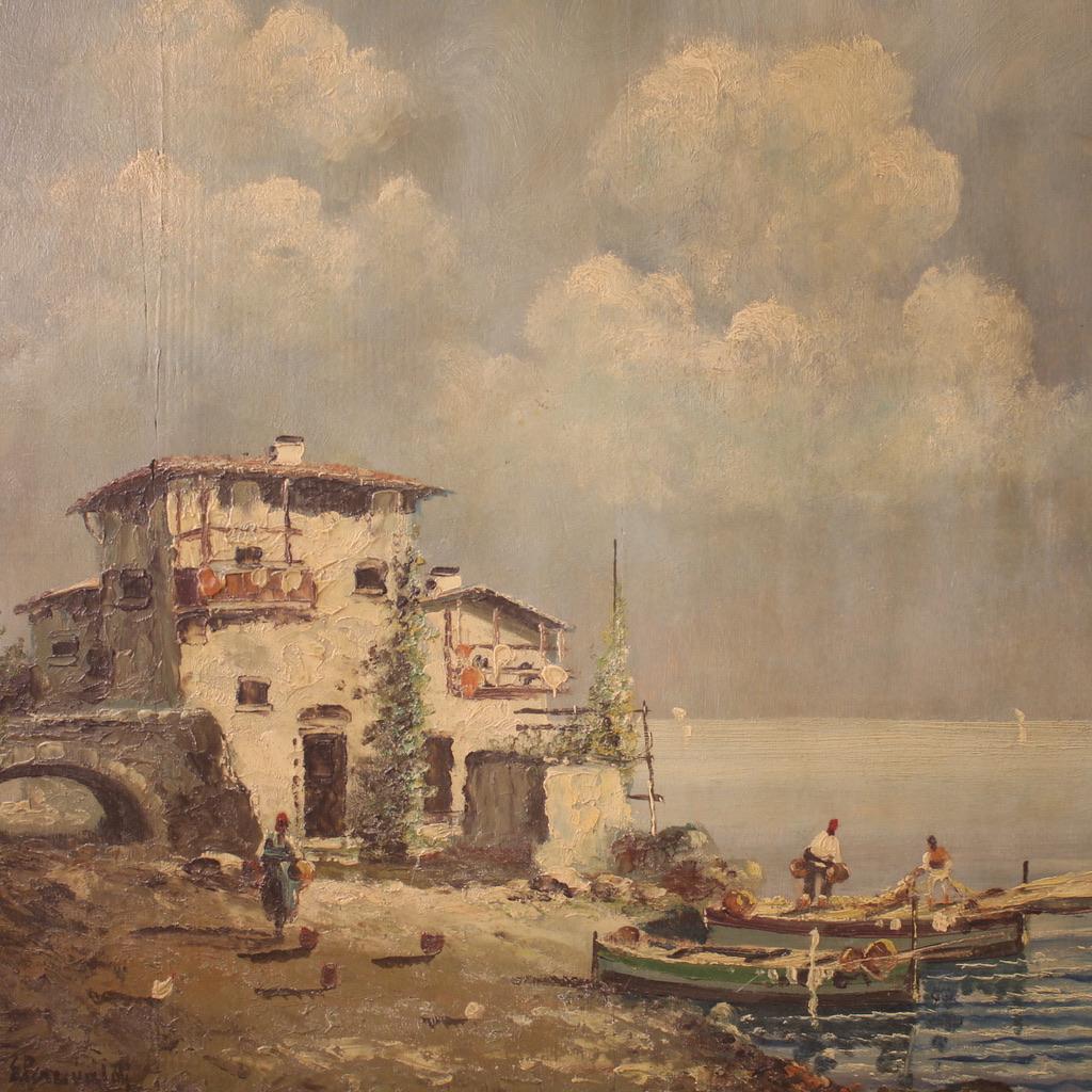 20. Jahrhundert Öl auf Karton Italienische Seelandschaft mit Booten Signierte Malerei, 1930 im Angebot 1