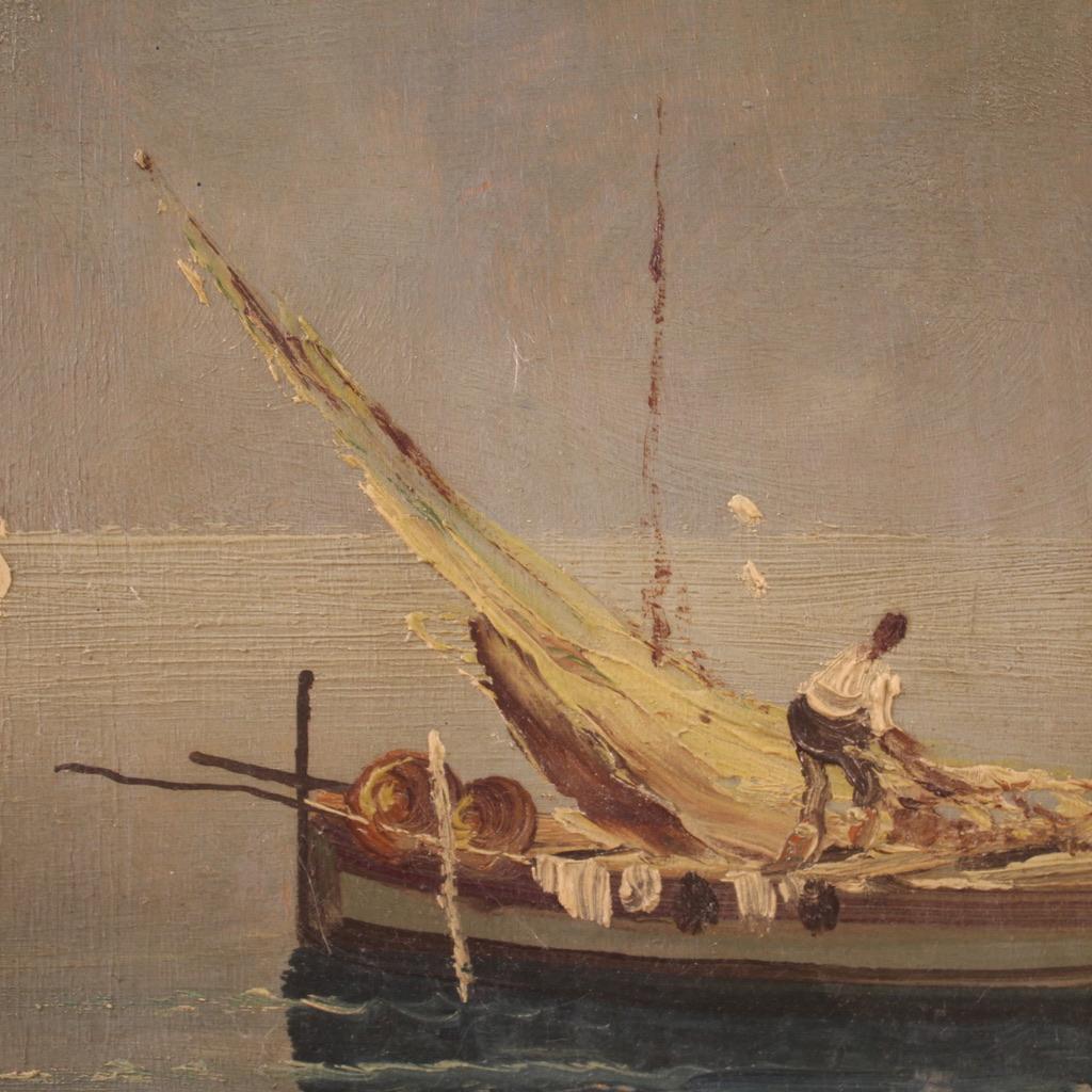 20. Jahrhundert Öl auf Karton Italienische Seelandschaft mit Booten Signierte Malerei, 1930 im Angebot 2