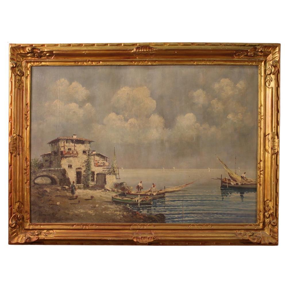 20. Jahrhundert Öl auf Karton Italienische Seelandschaft mit Booten Signierte Malerei, 1930 im Angebot