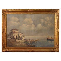 Vintage 20th Century Oil on Board Italian Seascape with Boats Signed Painting, 1930s
