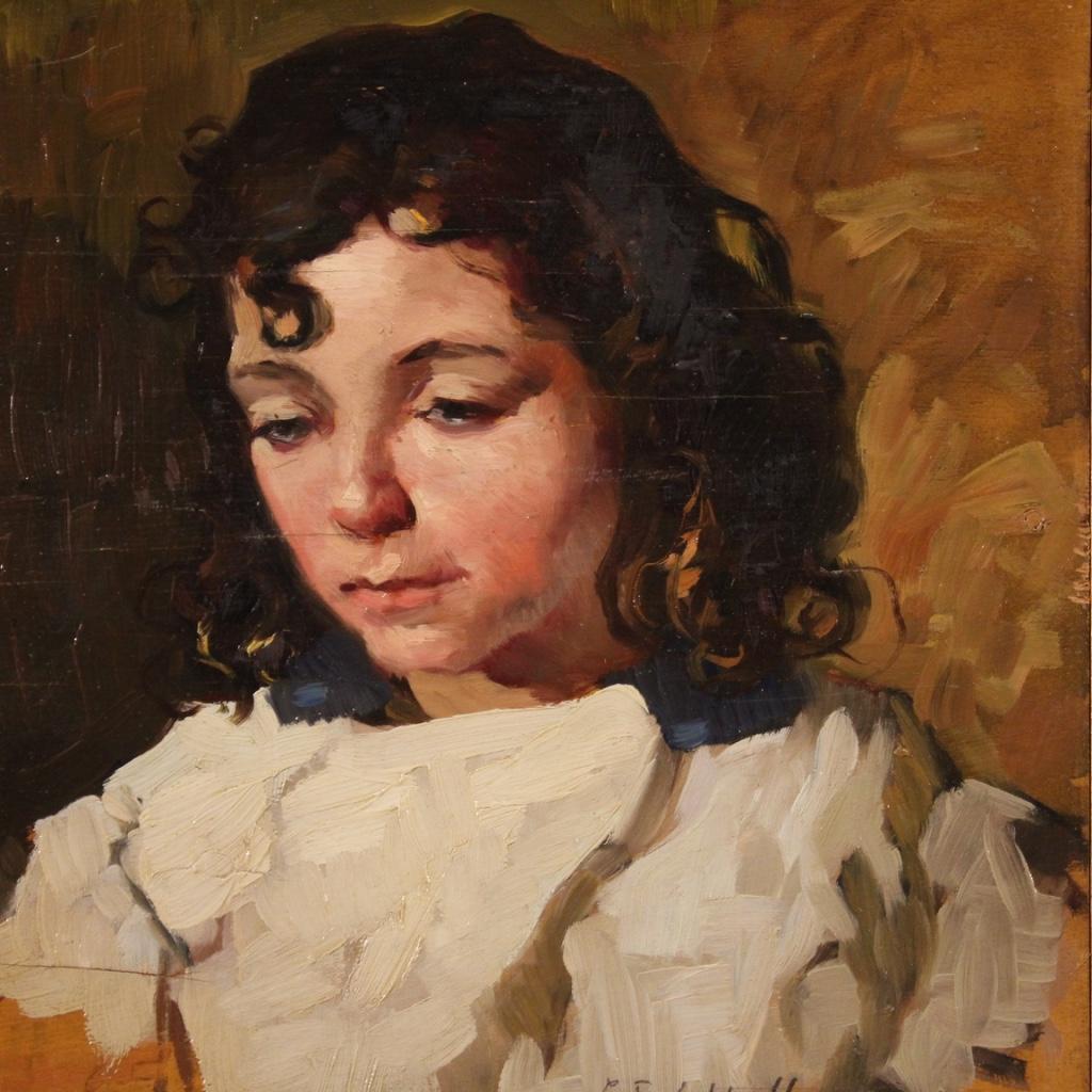 Italian painting dated 1930. Oil on board framework depicting a portrait of a girl of excellent pictorial quality. Signed, dated and complete with the painter's dedication on the back (see photo) C. Filippelli 1930, attributable to Cafiero