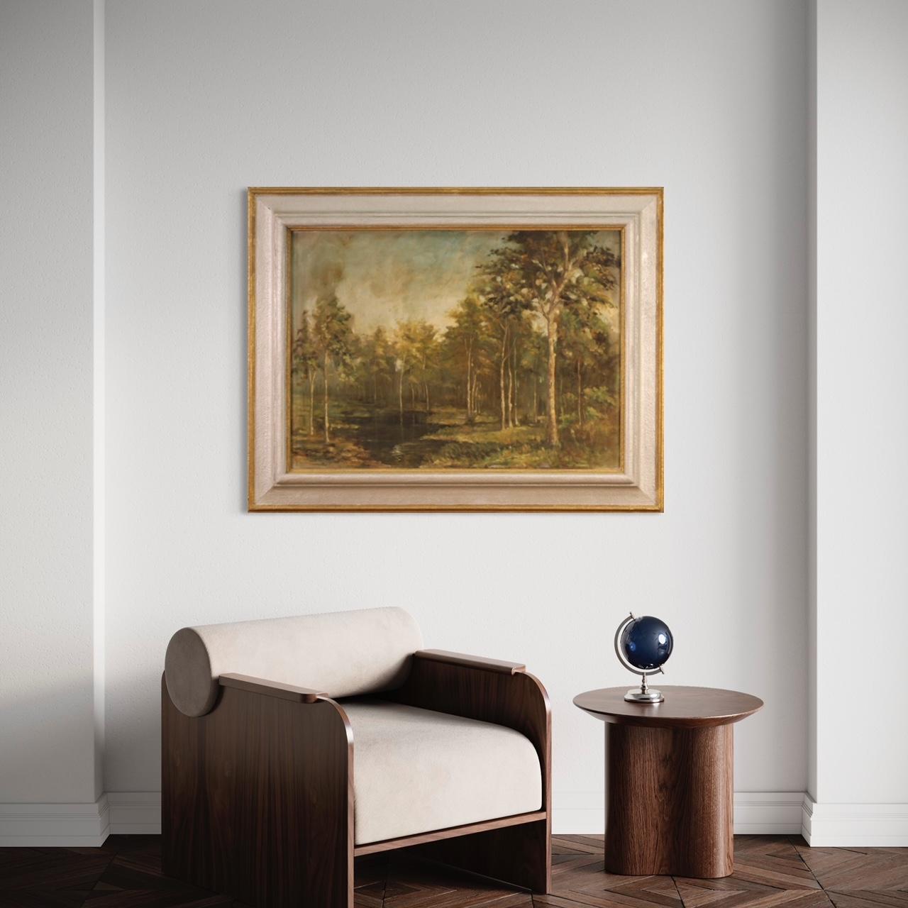 Italian painting dated 1939. Oil on board painting depicting a woodland landscape in impressionist style of good pictorial quality. Painting adorned with a wooden and plaster frame, sculpted, painted and gilded (bronze tint). Large size and impact
