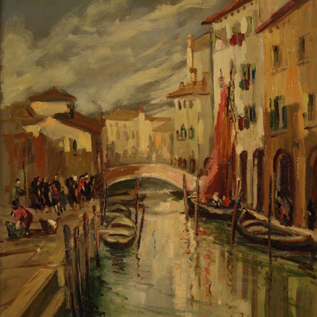 Italian painting dated 1949. Framework oil on board depicting a view of Chioggia in impressionist style of good brightness and pleasant pictorial touch. Beautifully decorated carved, lacquered and gilded wooden frame (see photo). Painting signed and