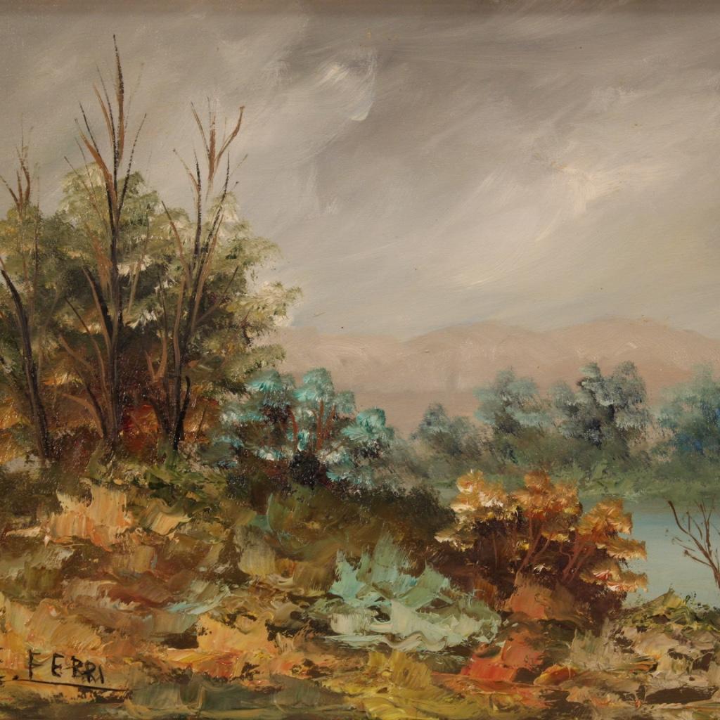 italien 20e siècle Huile sur carton Italien signé E. Ferri Peinture de paysage, 1960