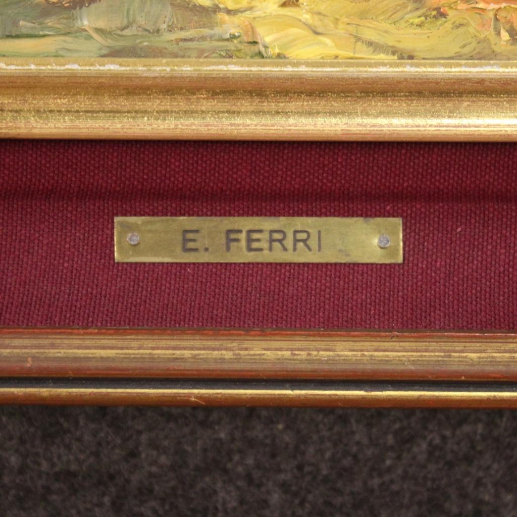 Milieu du XXe siècle 20e siècle Huile sur carton Italien signé E. Ferri Peinture de paysage, 1960