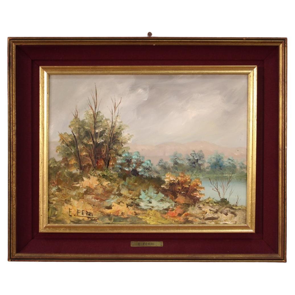 20e siècle Huile sur carton Italien signé E. Ferri Peinture de paysage, 1960