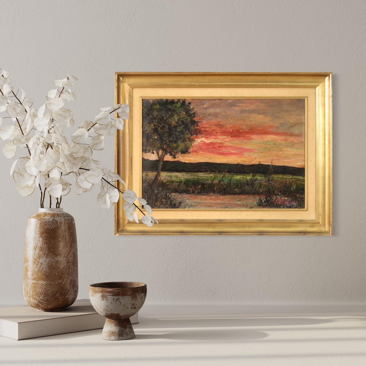 Italian painting from the first half of the 20th century. Oil artwork on pressed wooden board depicting a landscape in Macchiaiolo style, Sunset in the countryside of good pictorial quality. Painting that develops horizontally, a material framework