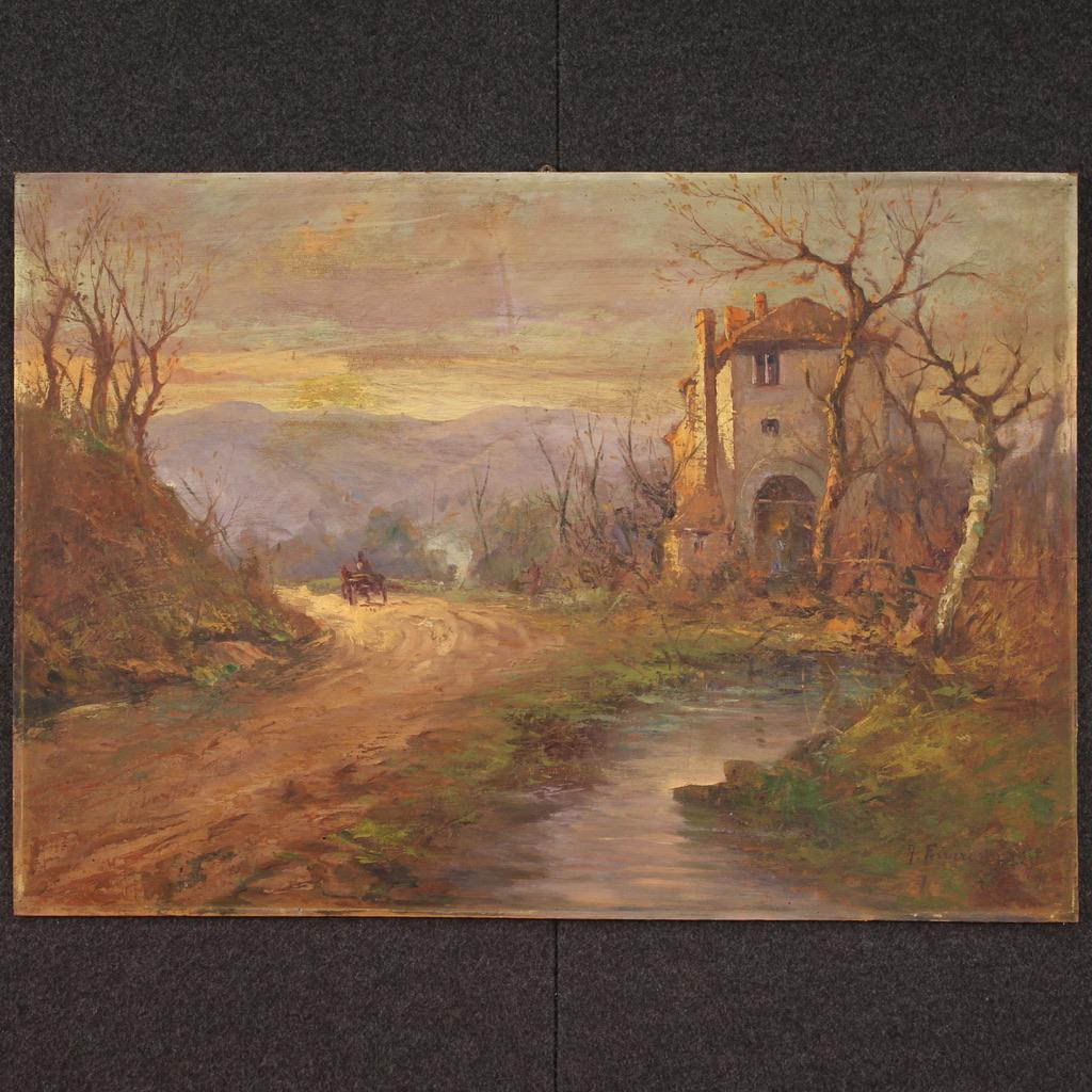 Italian painting from the first half of the 20th century. Artwork oil on panel depicting a countryside landscape with a cart in post-impressionist style of good pictorial quality. Painting of a good size and pleasant decor, signed B. Ferrari in the