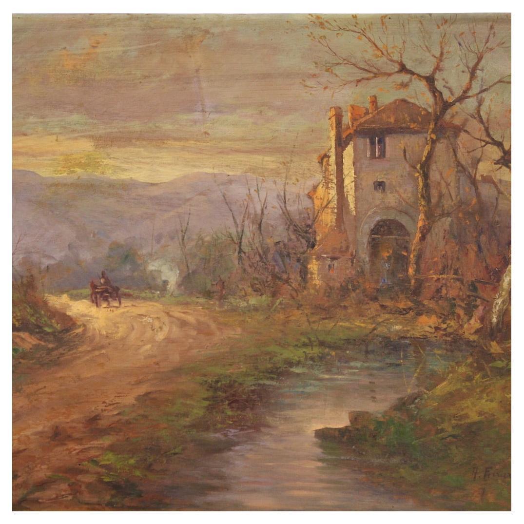 Peinture de paysage italienne à l'huile sur panneau du 20ème siècle, signée Ferrari, 1930