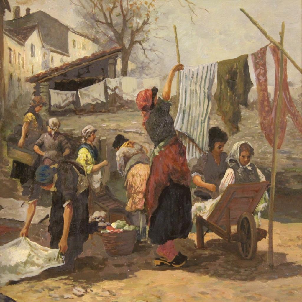 Italian painting from the first half of the 20th century. Framework oil on board depicting a genre scene The washerwomen of good pictorial quality. Small framework, for antique dealers, interior decorators and collectors of Italian painting of the