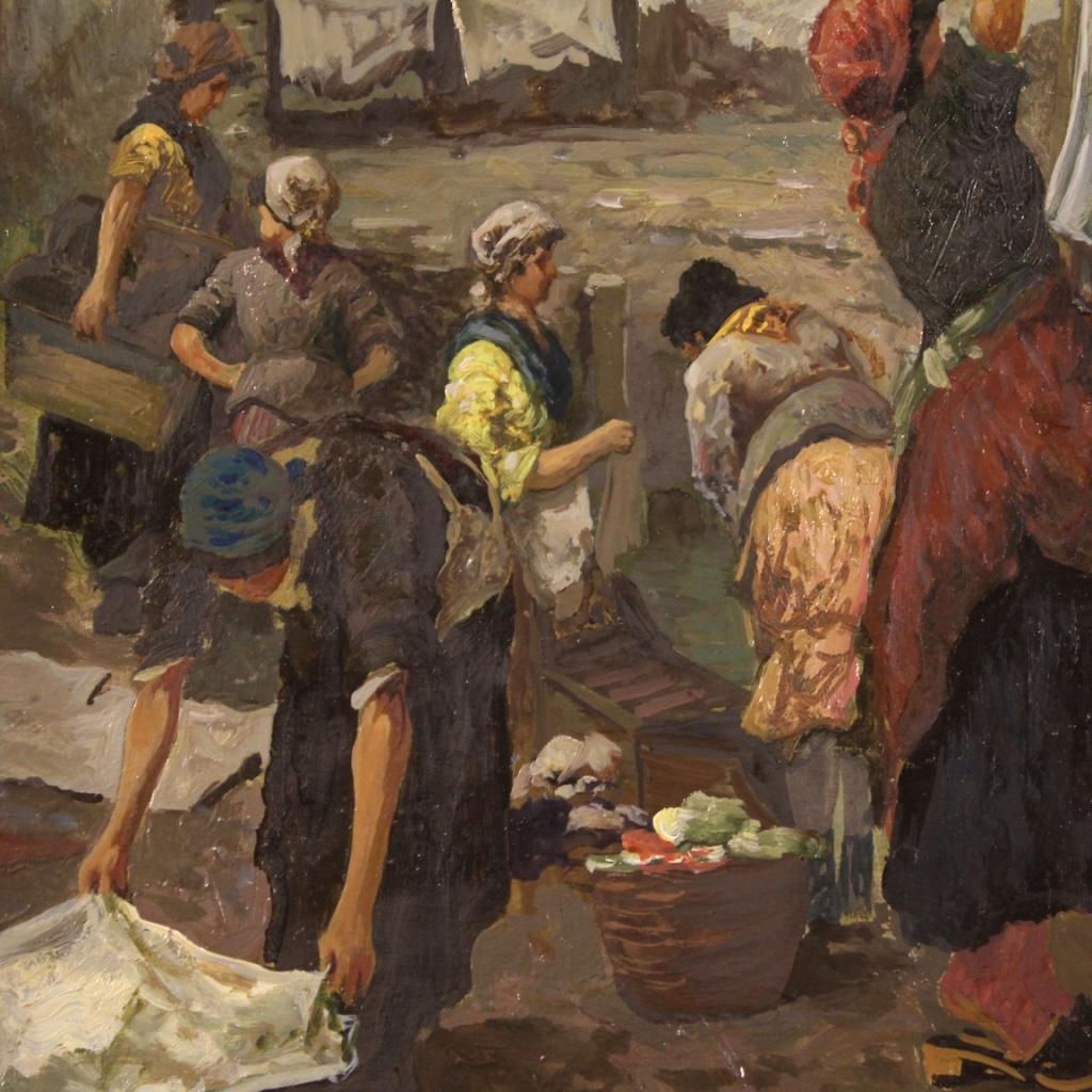 20th Century Oil on Board Italian Signed Genre Scene Painting The Washerwomen 2