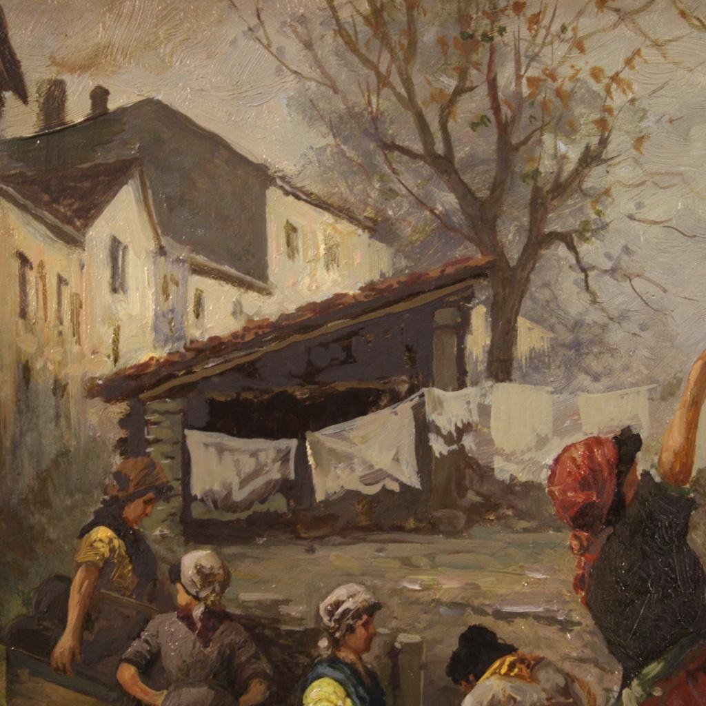 20th Century Oil on Board Italian Signed Genre Scene Painting The Washerwomen 3