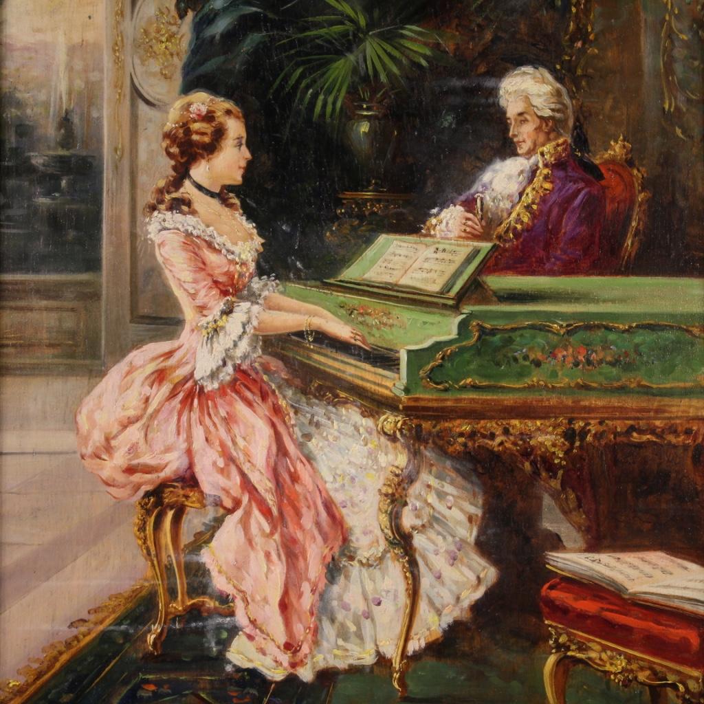 Italian painting from the mid-20th century. Artwork oil on board depicting Music Lesson, interior scene with figures in the eighteenth-century style of good pictorial quality. Painting signed lower left (see photo) Afffortati Aldo referable to the
