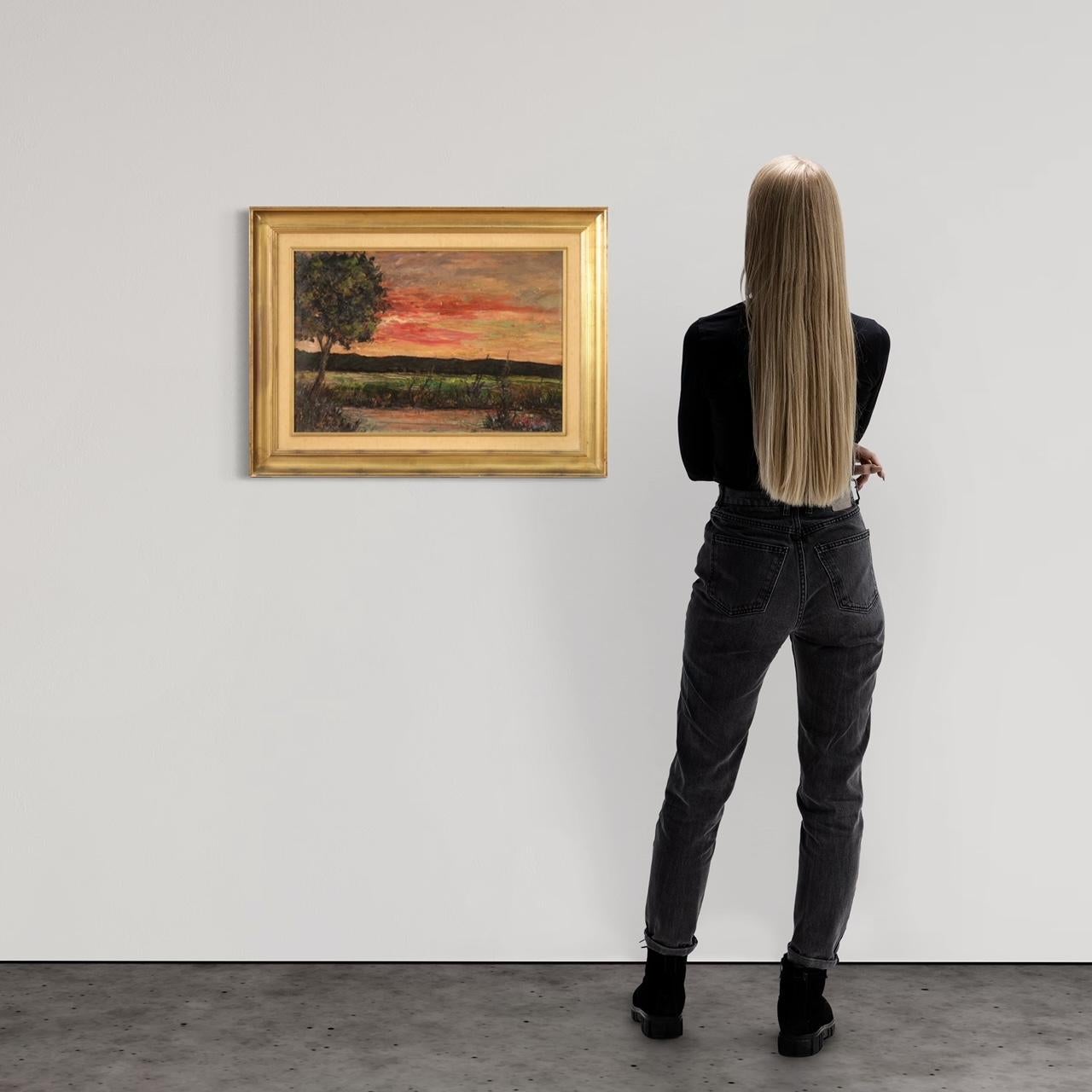 Italian painting from the first half of the 20th century. Oil artwork on pressed wooden panel depicting a landscape in Macchiaiolo style, Sunset in the countryside of good pictorial quality. Painting that develops horizontally, a material framework