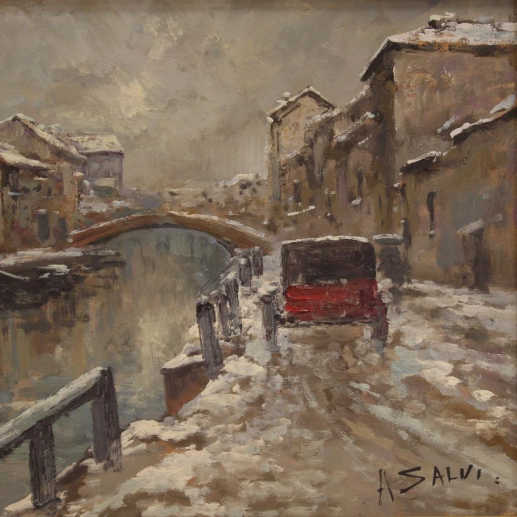 Italian painting from the second half of the 20th century. Framework oil on board depicting landscape in impressionist style, View of a snowy town with a river of good pictorial quality. Painting signed lower right (see photo) A. Salvi, missing