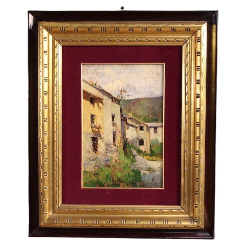 20th-Century Oil on Board Italian Signed Landscape Painting: View of Houses, 1930 For Sale