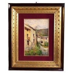 20th-Century Oil on Board Italian Signed Landscape Painting: View of Houses, 1930