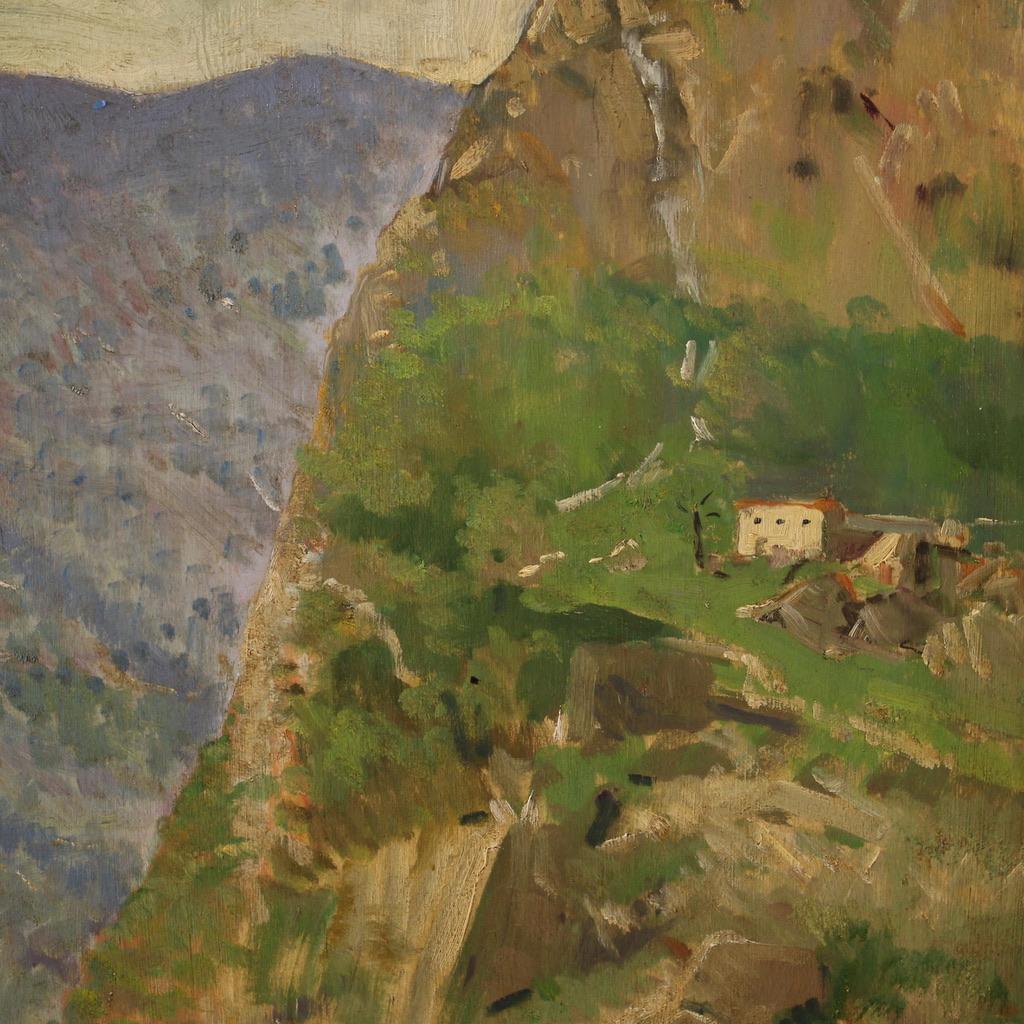 20e siècle Huile sur panneau Peinture de paysage de montagne signée par un Italien, 1950 en vente 6