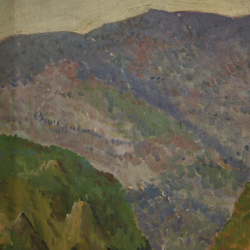 20e siècle Huile sur panneau Peinture de paysage de montagne signée par un Italien, 1950 en vente 7