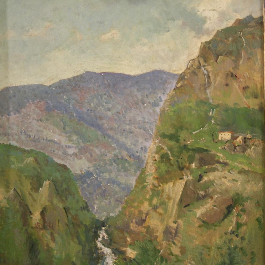 20e siècle Huile sur panneau Peinture de paysage de montagne signée par un Italien, 1950 Bon état - En vente à Vicoforte, Piedmont