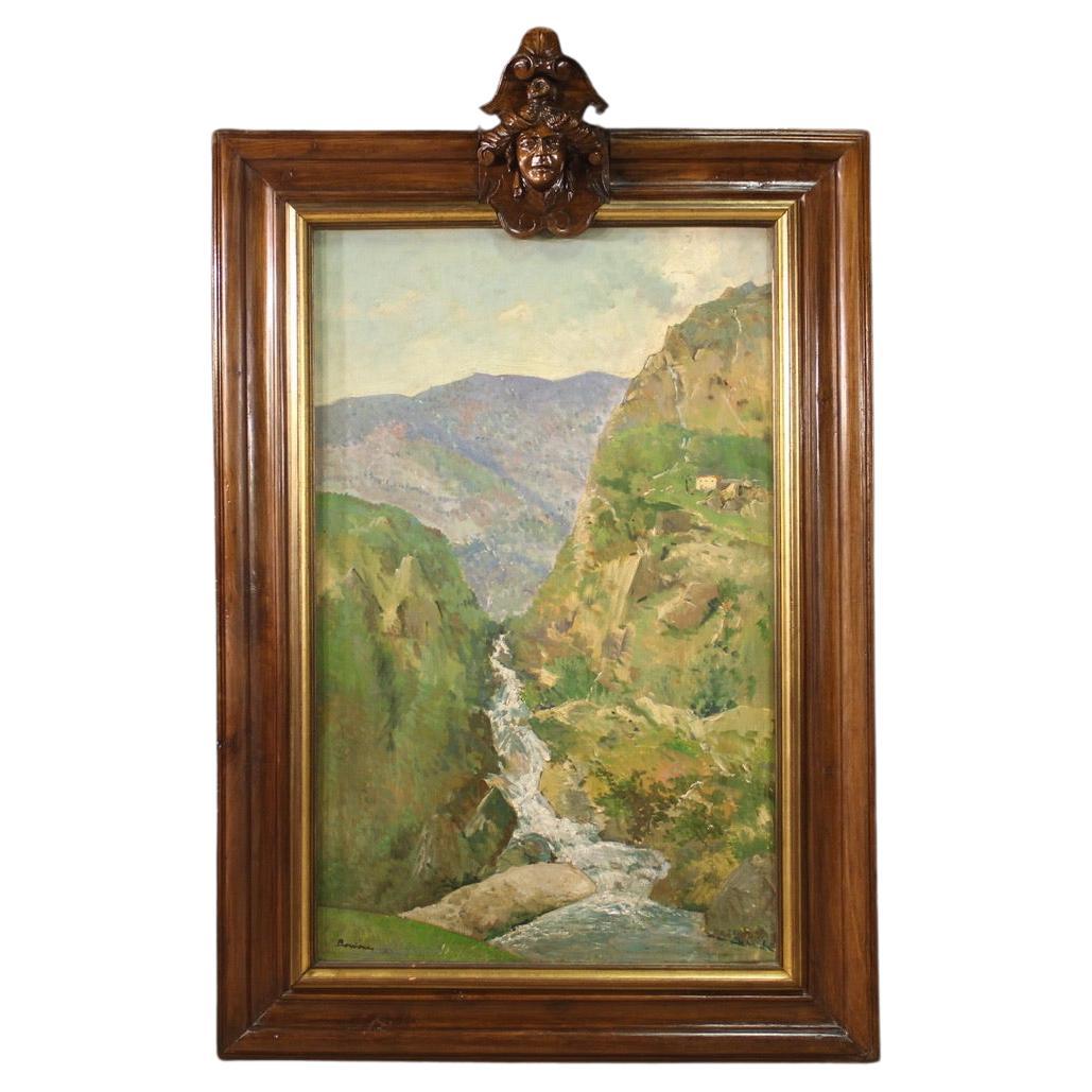 20e siècle Huile sur panneau Peinture de paysage de montagne signée par un Italien, 1950 en vente