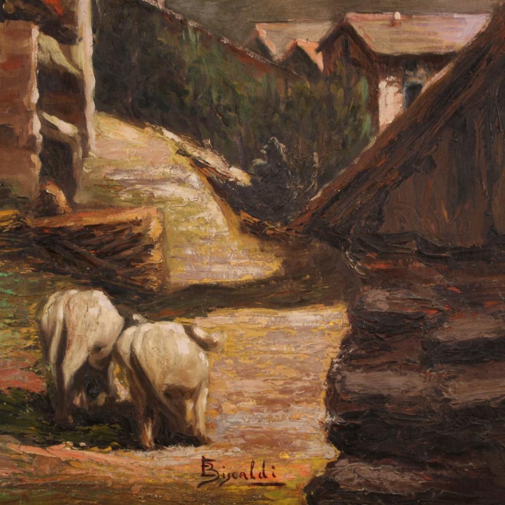 Peinture italienne du 20ème siècle, huile sur panneau, signée, paysage bucolique, 1950 en vente 4