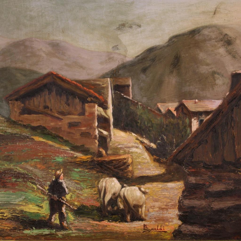Italian painting from the first half of the 20th century. Artwork oil on panel depicting landscape with shepherd and cows of good pictorial quality. Beautifully sized and pleasantly decorated painting adorned with a sculpted and gilded guilloche