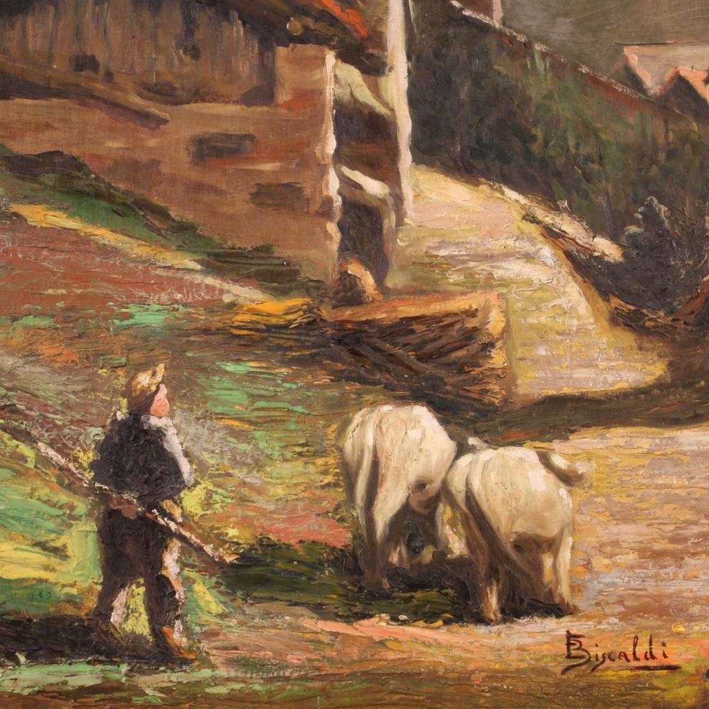 20th Century Oil on Board Italian Signed Painting Bucolic Landscape, 1950 In Good Condition For Sale In Vicoforte, Piedmont