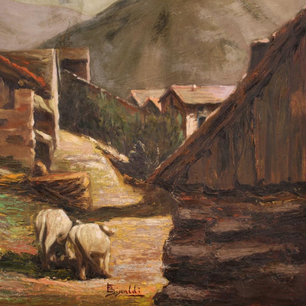 Wood 20th Century Oil on Board Italian Signed Painting Bucolic Landscape, 1950 For Sale