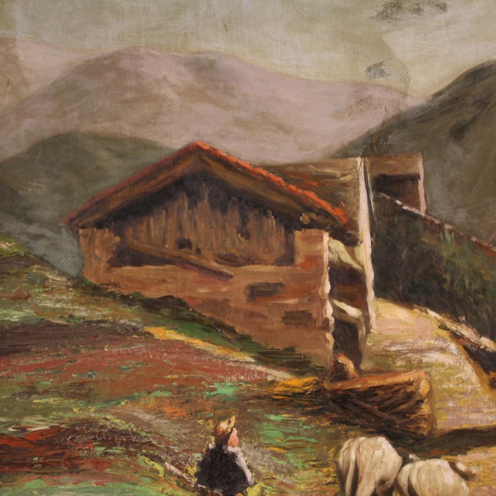 Bois Peinture italienne du 20ème siècle, huile sur panneau, signée, paysage bucolique, 1950 en vente