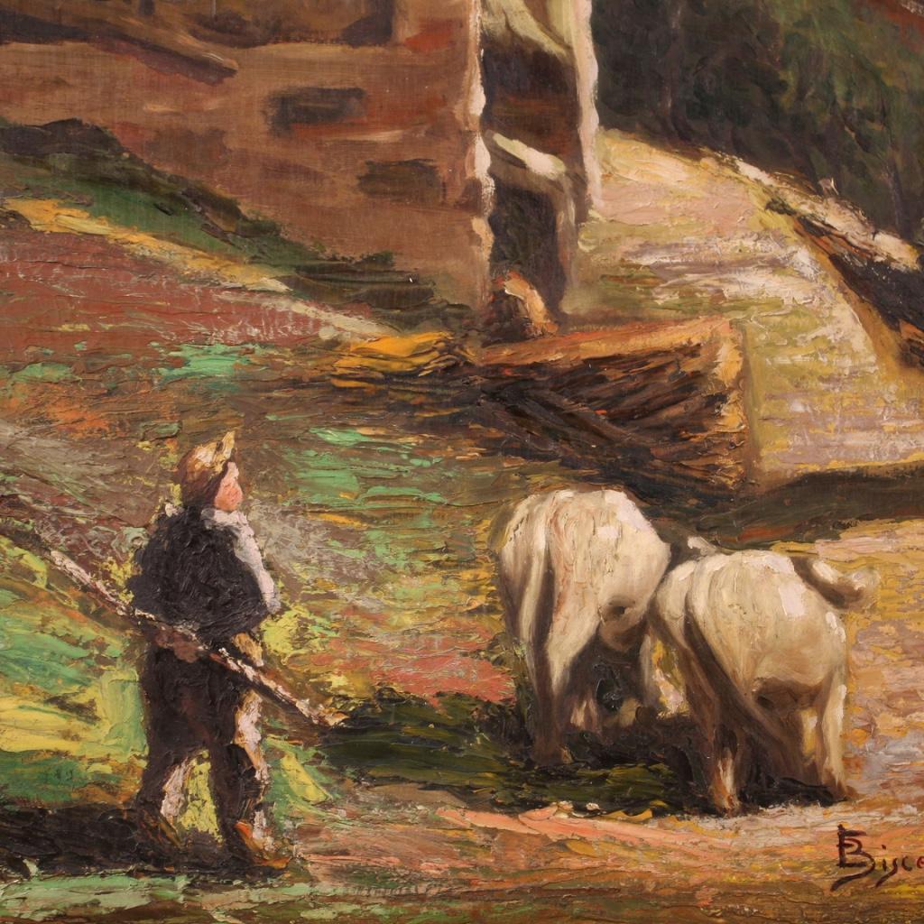 Peinture italienne du 20ème siècle, huile sur panneau, signée, paysage bucolique, 1950 en vente 3