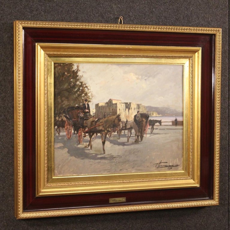 20th Century Oil on Board Italian Signed Painting Carriages with Horses
