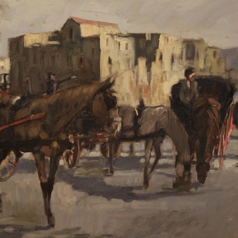 20th Century Oil on Board Italian Signed Painting Carriages with Horses