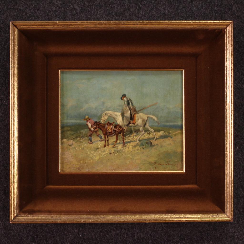 Italian painting from the first half of the 20th century. Oil artwork on board depicting a landscape with figures and animals, Don Quixote and his faithful squire Sancho Panza, of good pictorial quality. Painting signed lower right (see photo),