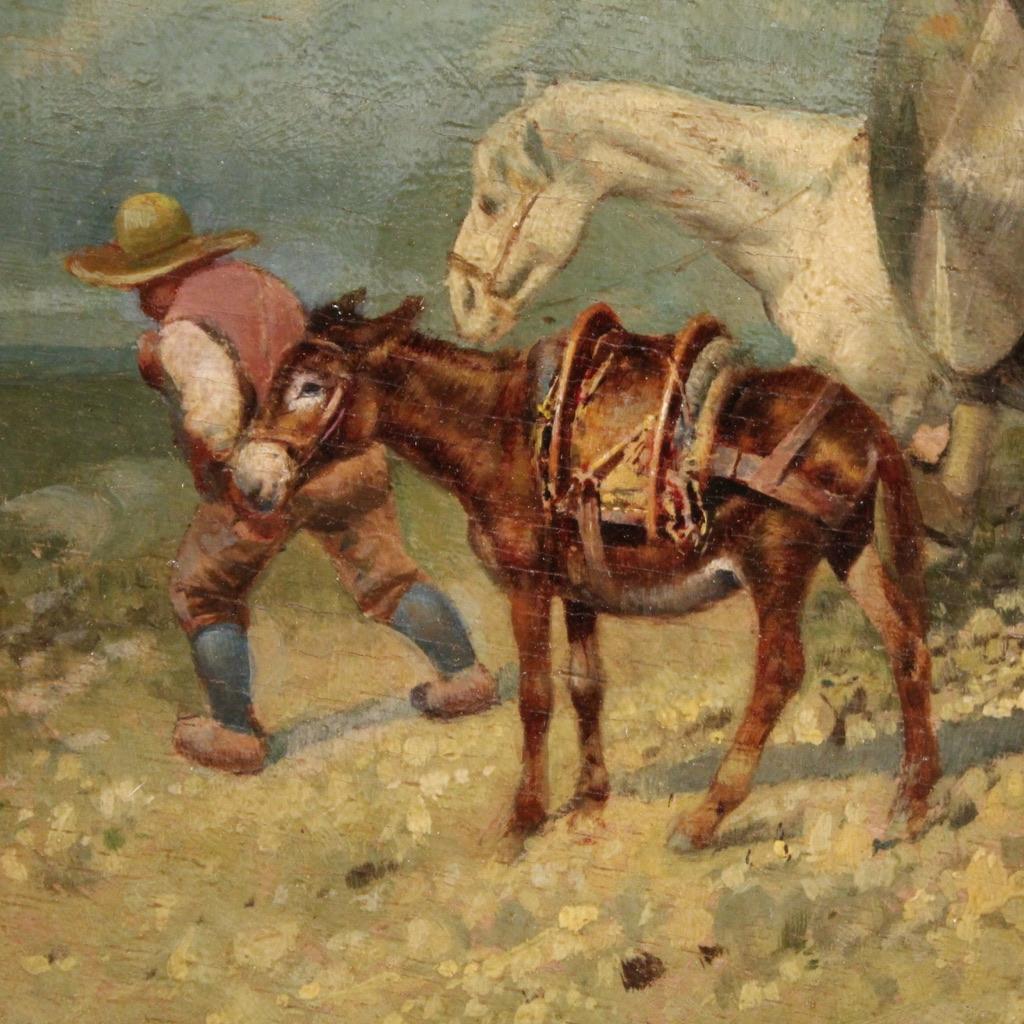 20. Jahrhundert Öl auf Karton Italienisch signiert Gemälde Don Quijote und Sancho Panza im Angebot 1