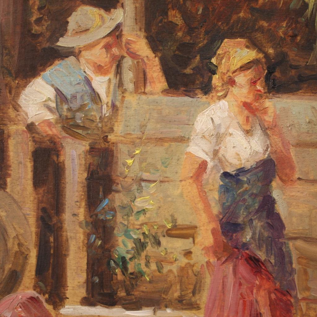 20th Century Oil on Board Italian Signed Painting Genre Scene, 1950 In Good Condition In Vicoforte, Piedmont