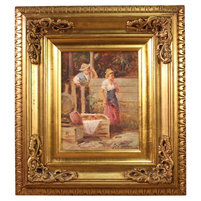 20th Century Oil on Board Italian Signed Painting Genre Scene, 1950 For Sale